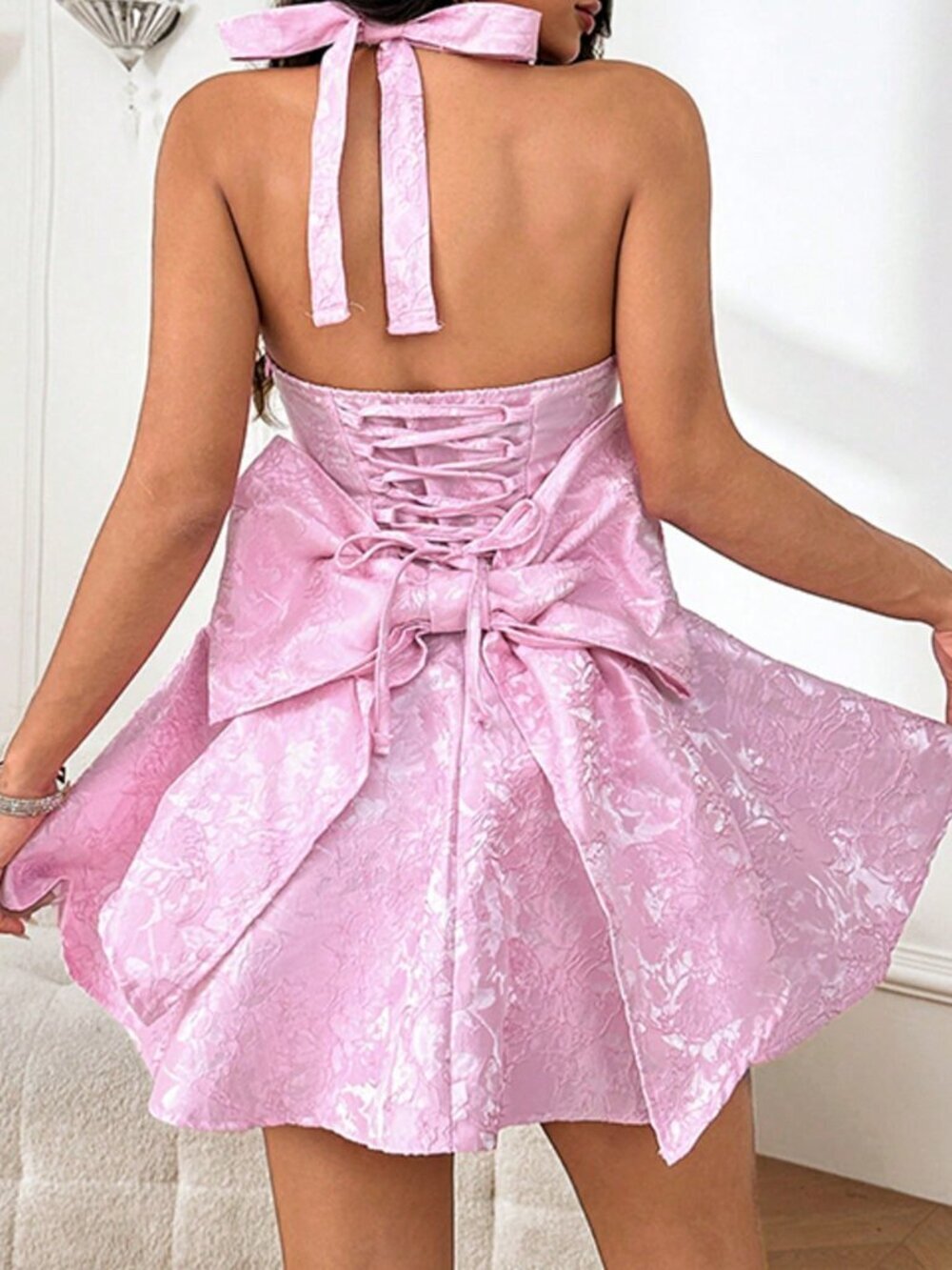 Pink Elegant Women's V-Neck Jacquard A-Line Dress with Bowknot Backless Design - Picture 2 of 5